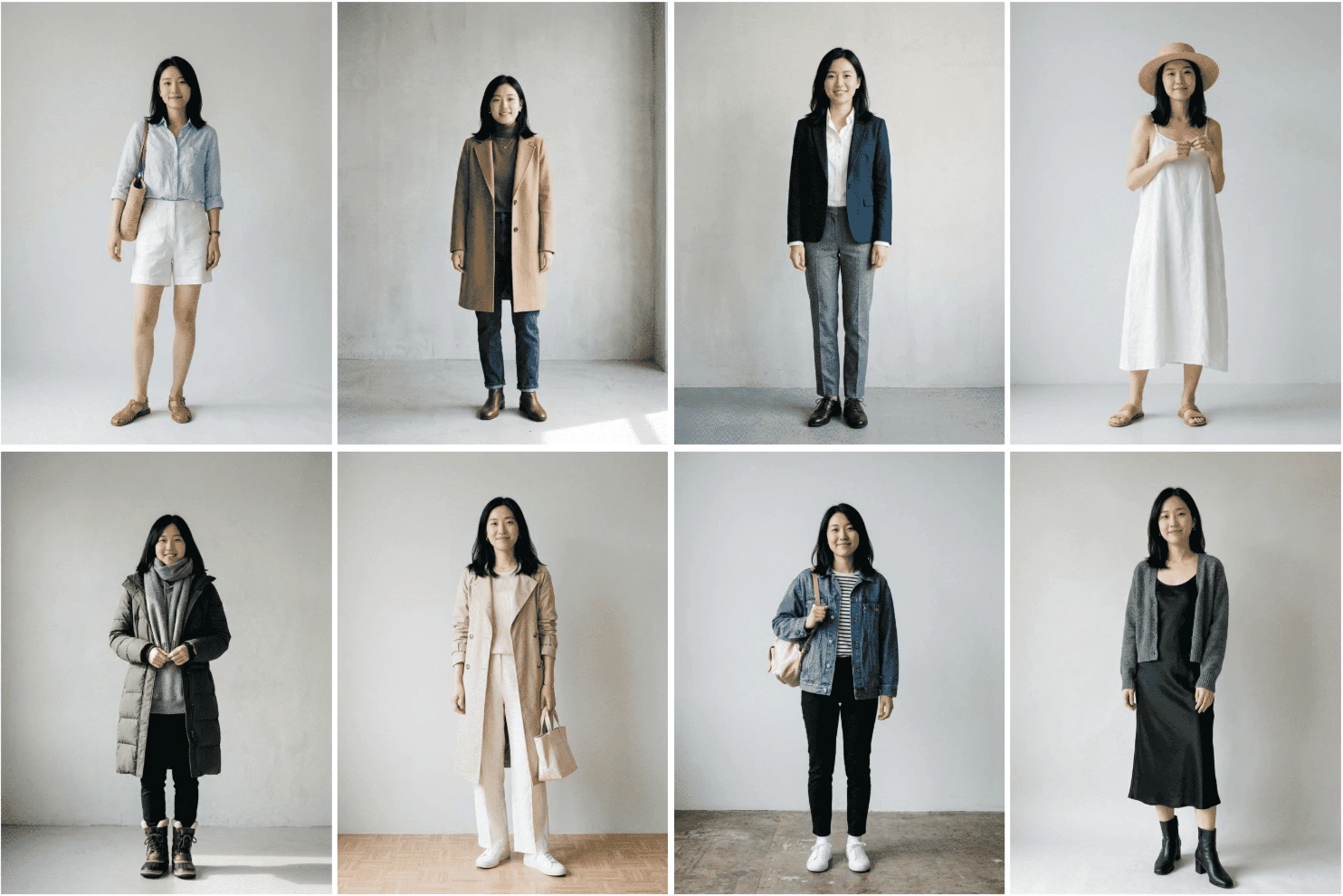 The same woman styled for four seasons and four occasions — eight real outfits from one wardrobe.